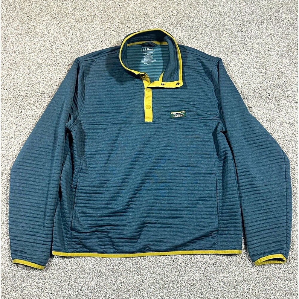 L.L.Bean Mens Large Textured Fleece Snap Pullover Teal Green Yellow